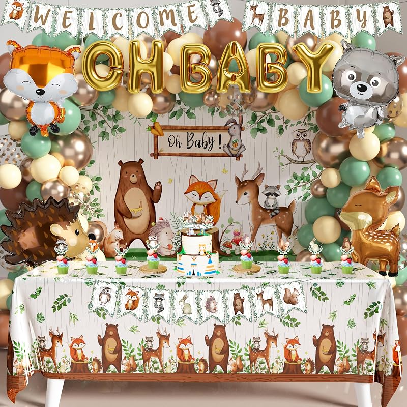 Woodland Animals Baby Shower Decorations, Neutral Gender Reveal Party Decor | 106 Pcs Forest Animal Party Supplies, Includes Backdrop, Tablecloth, Banner, Cake Toppers, Balloons for Birthday Decorations