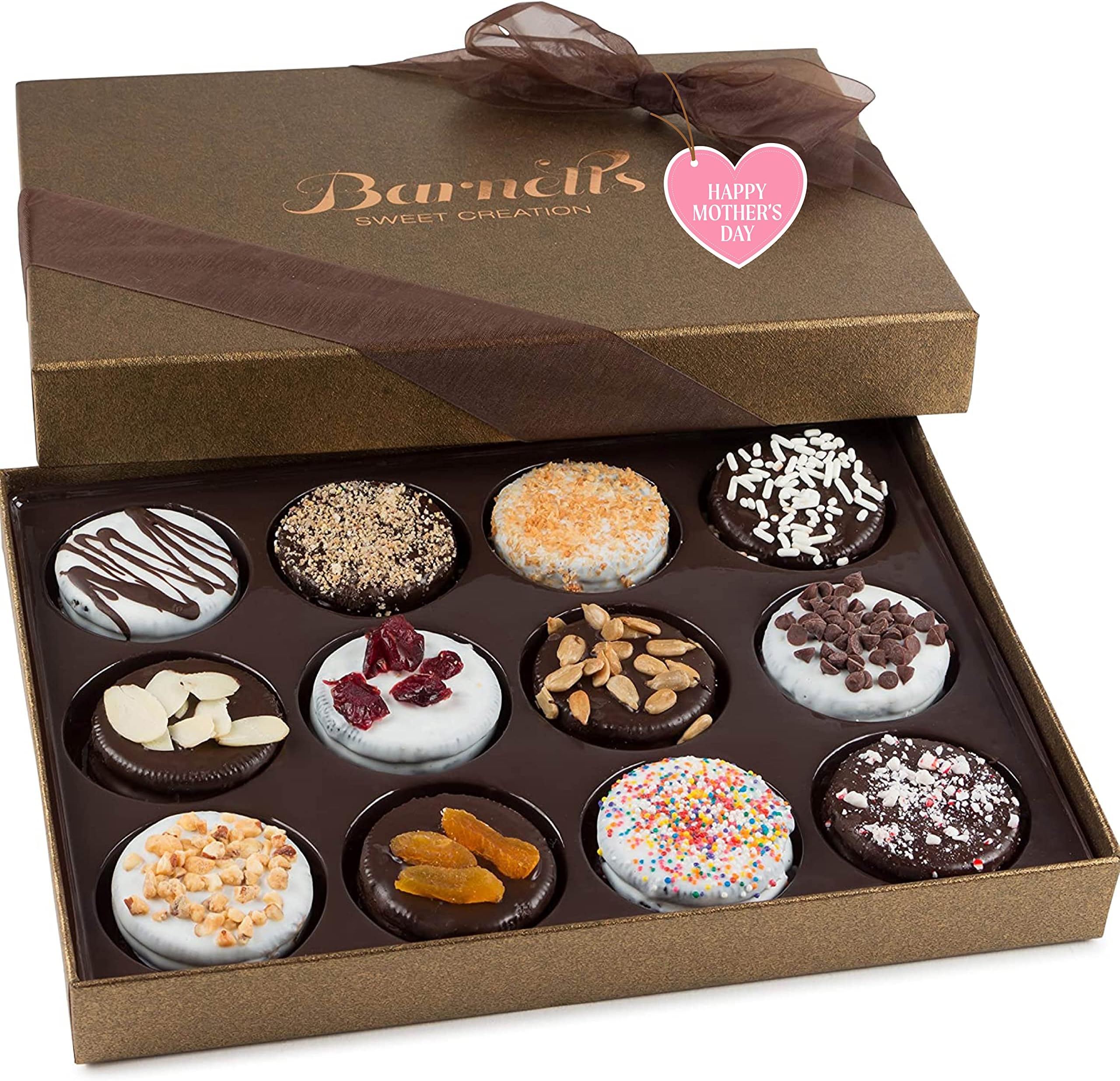 Barnetts Mothers Day Gift Basket, 12 Chocolate Covered Cookies Gourmet Candy Box Baskets for Mother, Mom, Grandmother, Grandma, Prime Food Delivery, Gifts for Him, Her, Wife, Sister, Daughter, Women