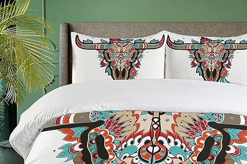 Miniatura 3 de Ambesonne Juego de funda de edredón occidental, diseño colorido de calavera mexicana de azúcar de búfalo, trofeo de animales con cuernos, juego de