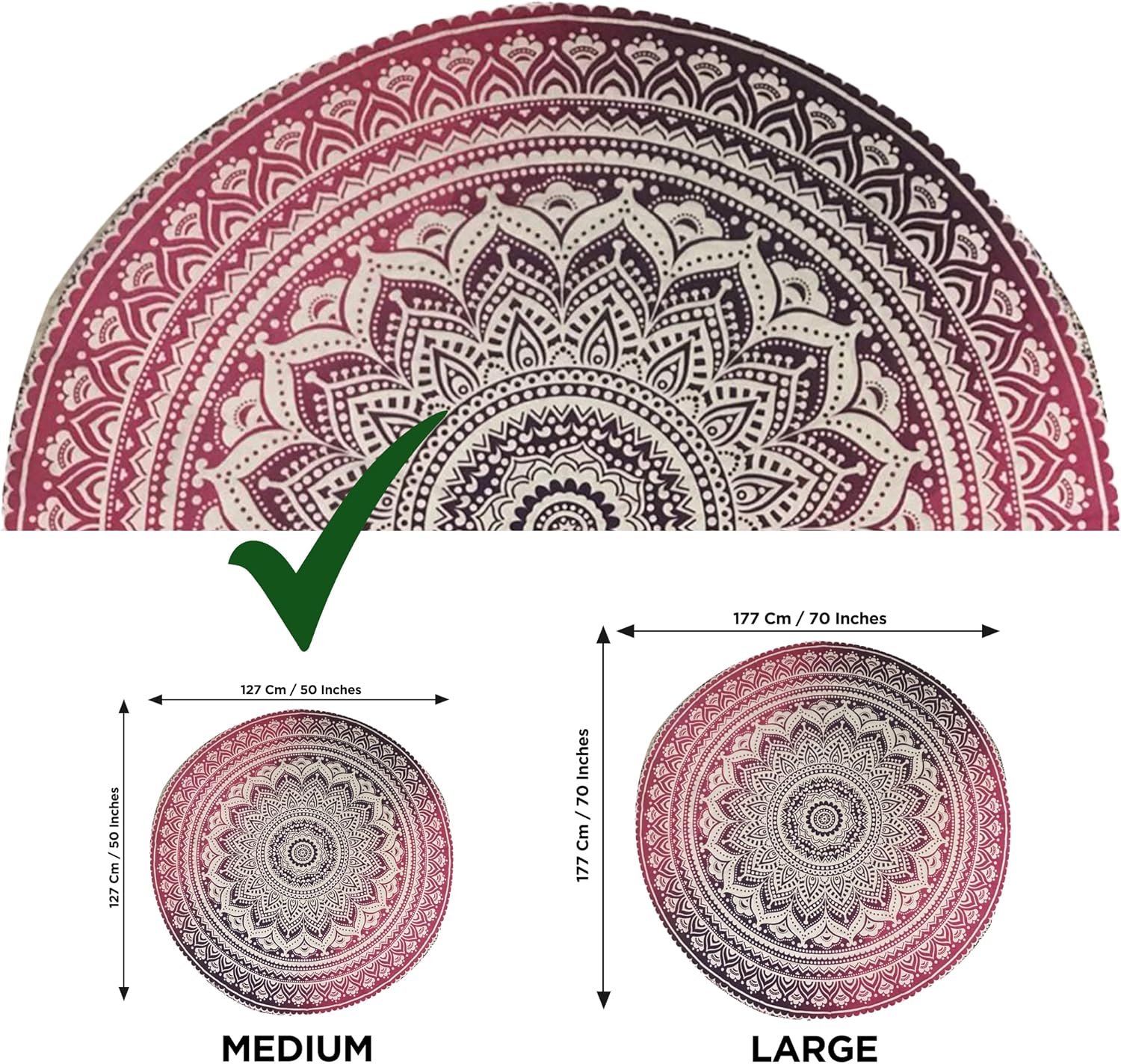 raajsee Pink Round Beach Tapestry Hippie/Boho Beach Blanket Mandala/Indian Cotton Throw - Round Tablecloth/Home Decor/Indie Rug Yoga Mat Meditation Picnic Rugs 127 CM / 50 INCHE Circle image 2