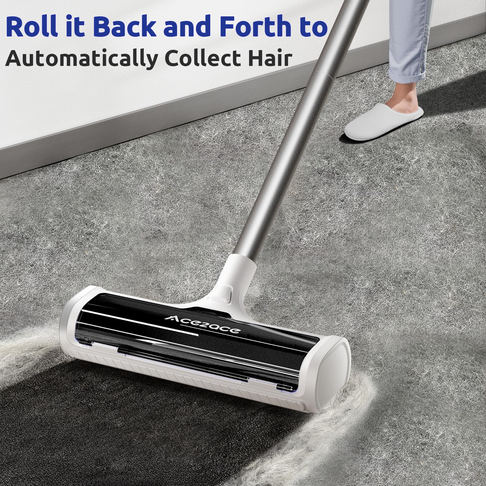 ACE2ACE Teppichrolle für Tierhaare, Teppichbürste Tierhaare, Tierhaarentferner Teppich für Hundehaare and Katzenhaare, kein Bücken, kein Knien, 1,5 m Langer Griff