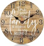 Lafocuse 12 Inch Silent Wooden Farmhouse Brown Family Wall Clocks for Home Decor, Vintage Kitchen Clock for Living Room, Horloge Murale Decorative, Rustic Battery Operated Wall Clock for Bedroom