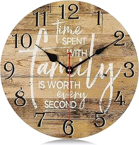 Lafocuse 12 Inch Silent Wooden Farmhouse Brown Family Wall Clocks for Home Decor, Vintage Kitchen Clock for Living Room, Horloge Murale Decorative, Rustic Battery Operated Wall Clock for Bedroom