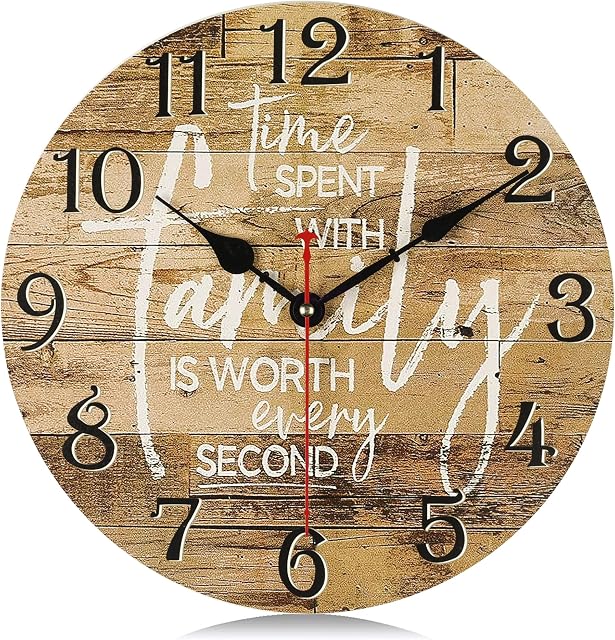 Lafocuse 12 Inch Silent Wooden Farmhouse Brown Family Wall Clocks for Home Decor, Vintage Kitchen Clock for Living Room, Horloge Murale Decorative, Rustic Battery Operated Wall Clock for Bedroom