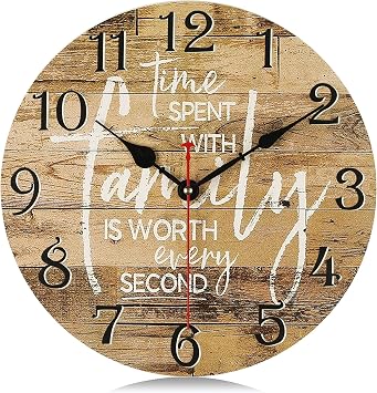 Lafocuse 12 Inch Silent Wooden Rustic Family Wall Clocks for Living Room Decor, Vintage Kitchen Brown Wall Clocks Battery Operated for Bedroom