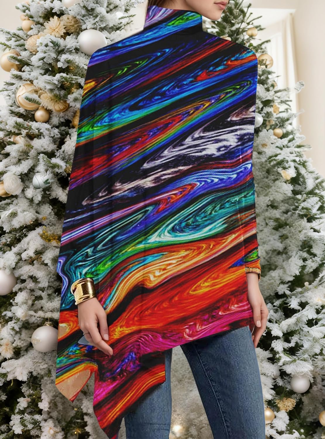 Akivide Women's Colorful Pattern Fall Tunic Tops Plus Size Mock Neck Asymmetrical Hem Long Sleeve Loose Blouse Shirt - Image 3