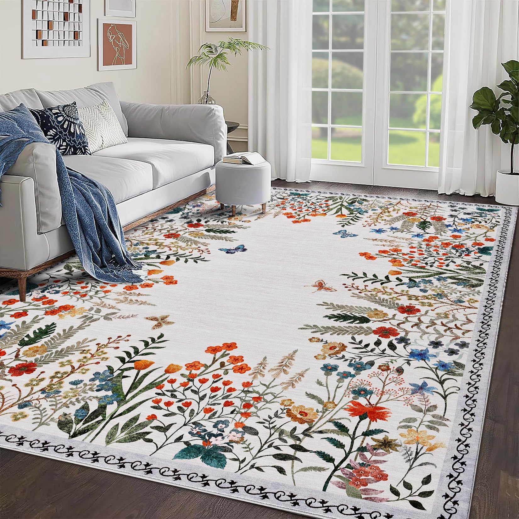 GarveeHome Boho 8x10 Washable Floral Rugs for Bedroom Bathroom Rug Non Slip Washable Soft Indoor Carpet Throw Carpet