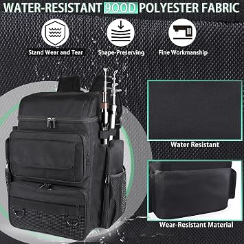 Fishing Tackle Backpack With Rod Holders, 45L Large Tackle Bag & Fishing Tackle Backpack for Fishing, Camping, Hiking,Black