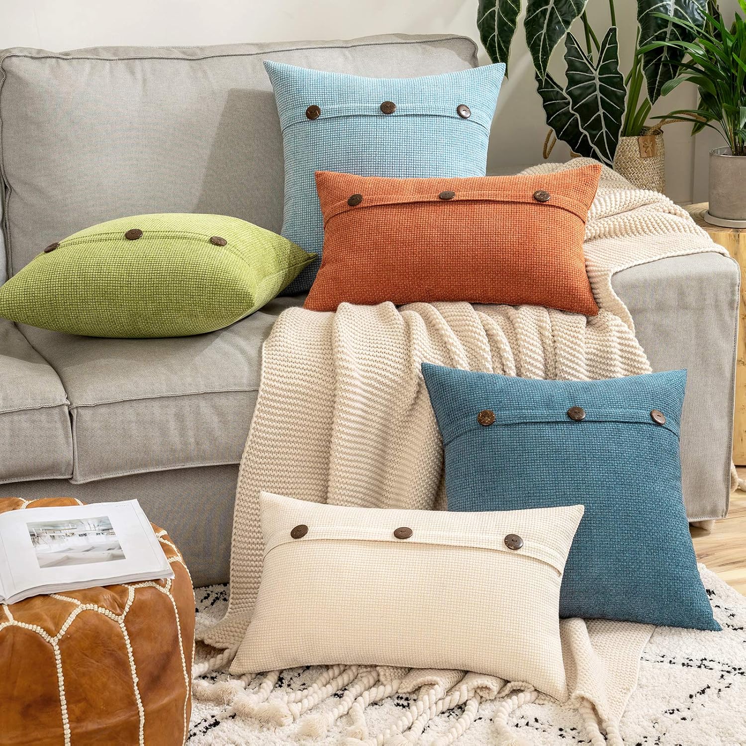 MIULEE Decorative Farmhouse Couch Pillow Covers Triple Button Rustic Vintage Pillowcases Cushion Cases for Living Room Sofa Home Decor Pack of 2 12X20 Inch Cream White
