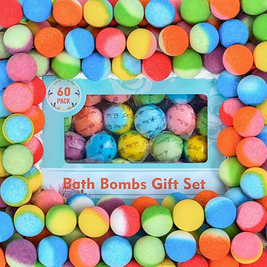 60 Pack Bath Bombs Set, Christmas Stocking Stuffers, Birthday Gift Set for Women, Natural Organic Bath Bubble Bombs for Kids/Women/Men/Mom Individually Wrapped Handmade