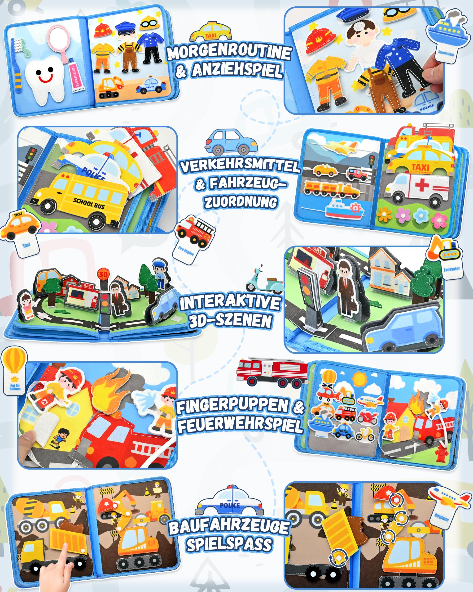 Busy Board ab 1 2 Jahr, Montessori Spielzeug Baby Filzbuch Transport Busy Book mit 3D-Verkehrsszenen, Flugzeug Beschäftigung Kinder, Ostergeschenke Basteln Jungen Mädchen