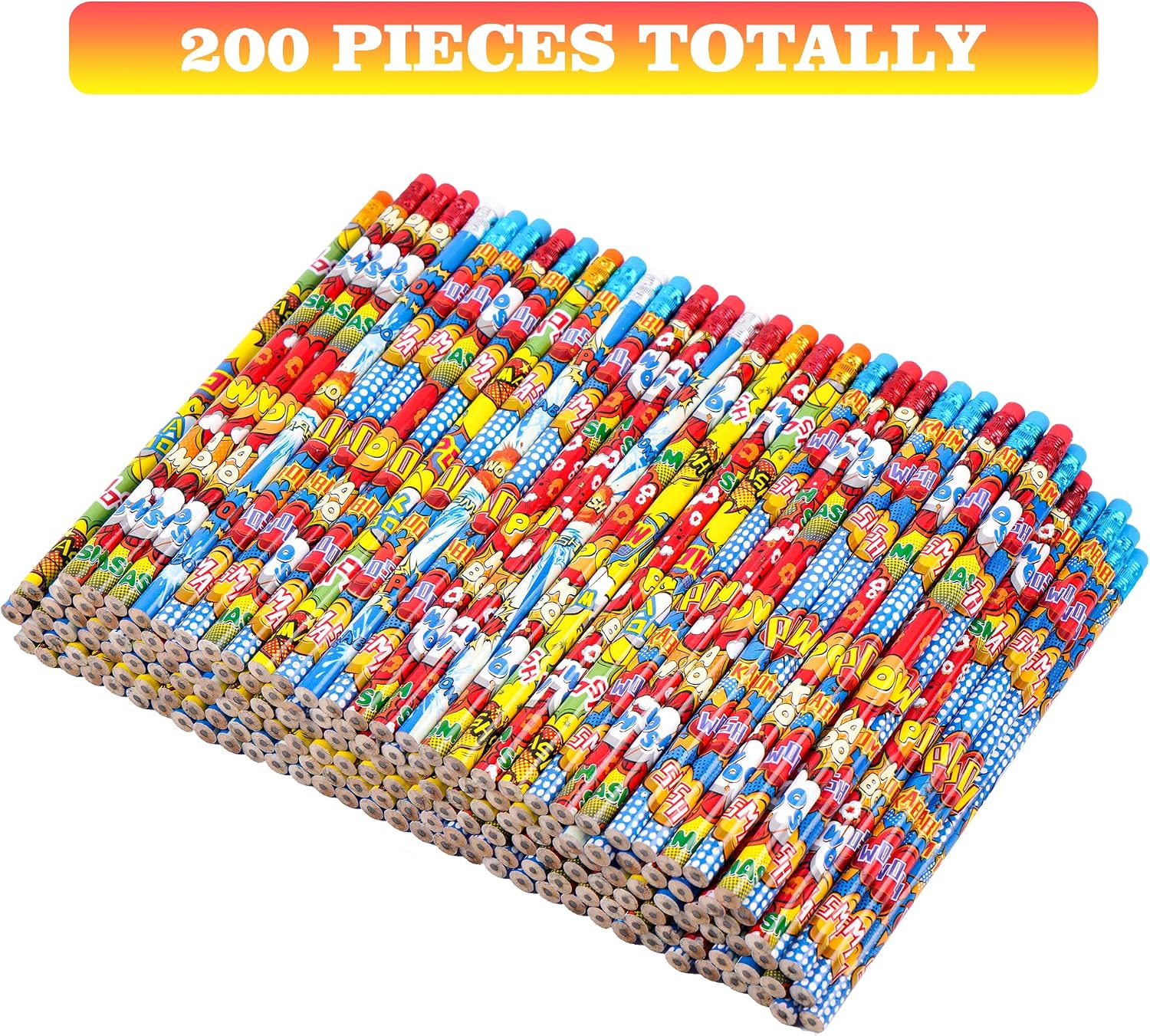 Kolewo4ever 200 Pieces Hero Text Pencils Cylinder Wood Pencils Pow Snap Wham Bang Elements Pencil 4 Style Assorted Students Pencil for Classroom Rewards Carnival Prizes image 2