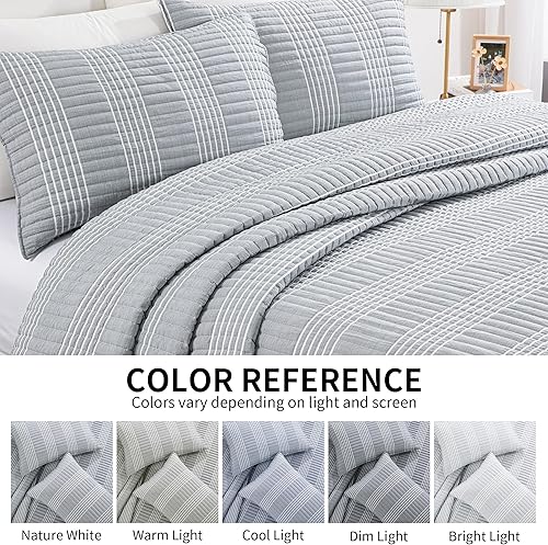 Vista 5 de HOMBYS Juego de edredón King extragrande de seersucker con diseño de retazos de 128x120, juego de colcha y cubrecama ligera a cuadros, decoración