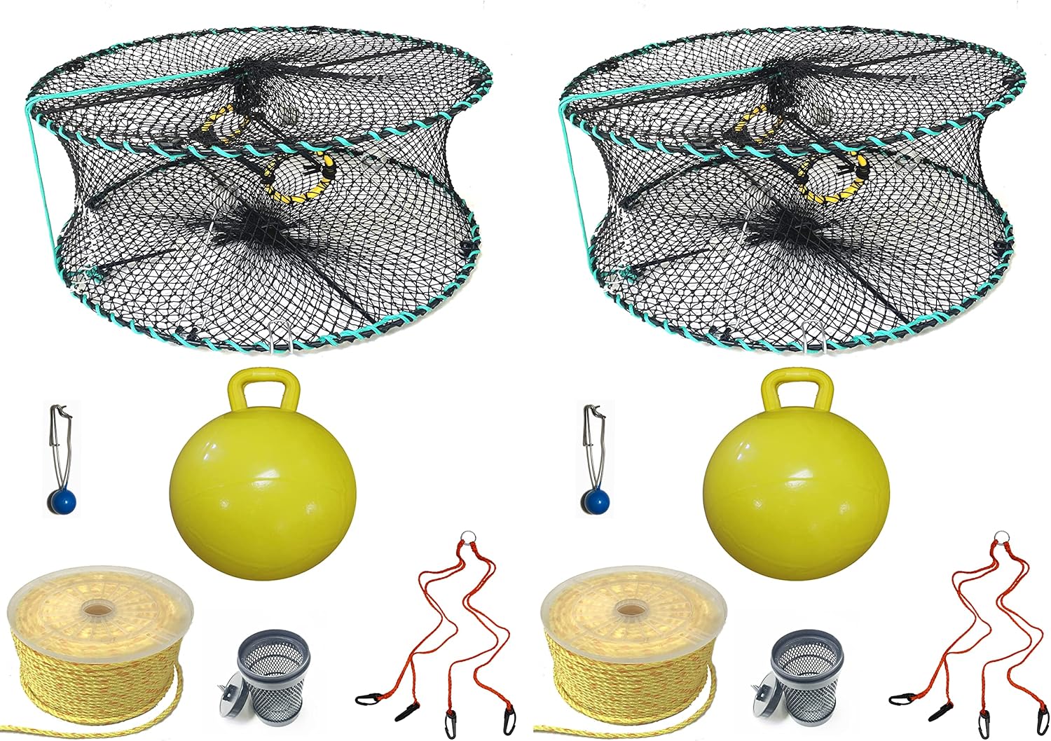 2-Pack of KUFA Sports Foldable Prawn Trap (Stretched Mesh Size:1-1/8") with 400' Rope, Yellow Float, Bait Bag & Harness Combo