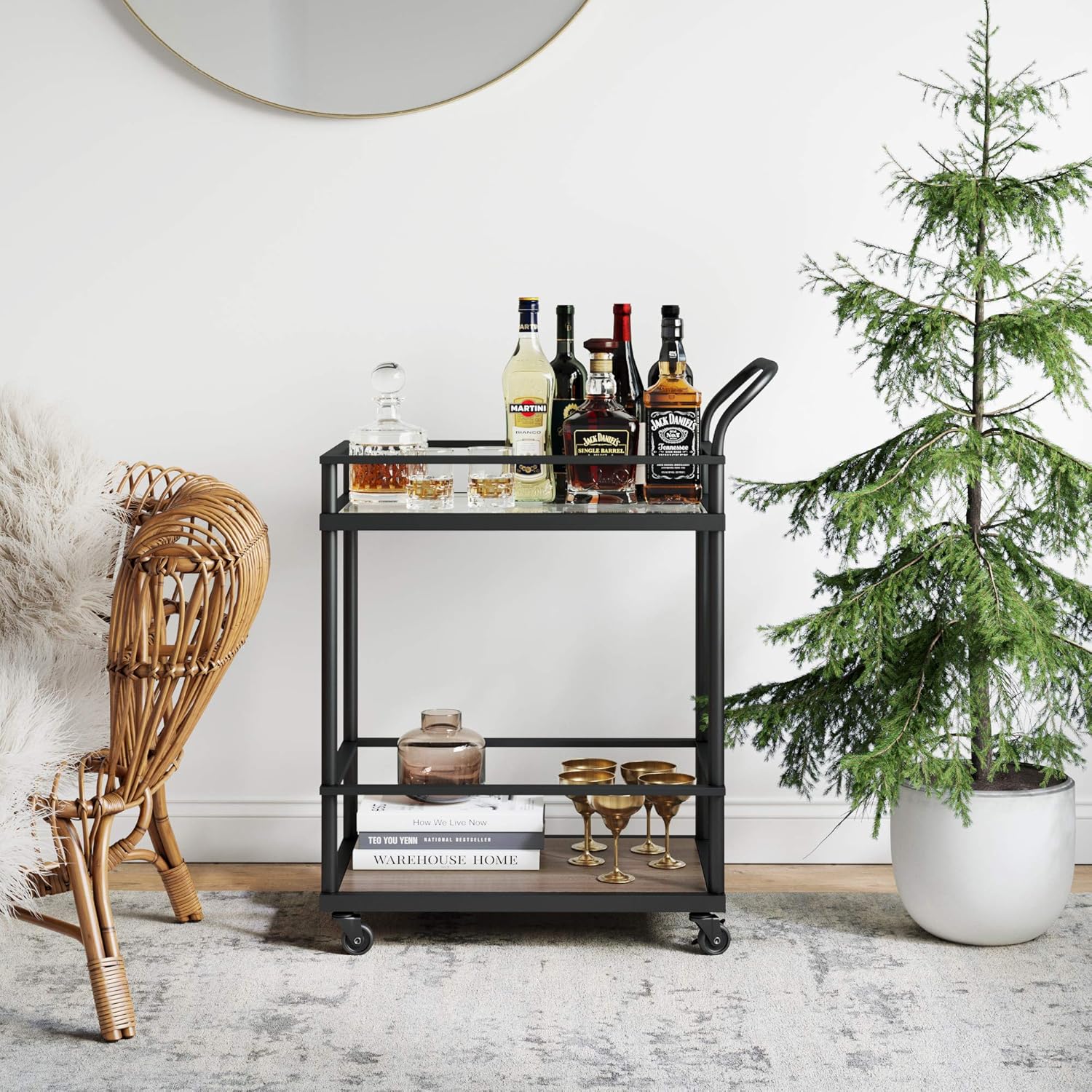 Nathan James Carter Rolling Bar Tea or Cocktail, 2-Tiered Serving Cart Metal Frame and Oak Wood Shelf, Black/Brown - Bar & Serving Carts