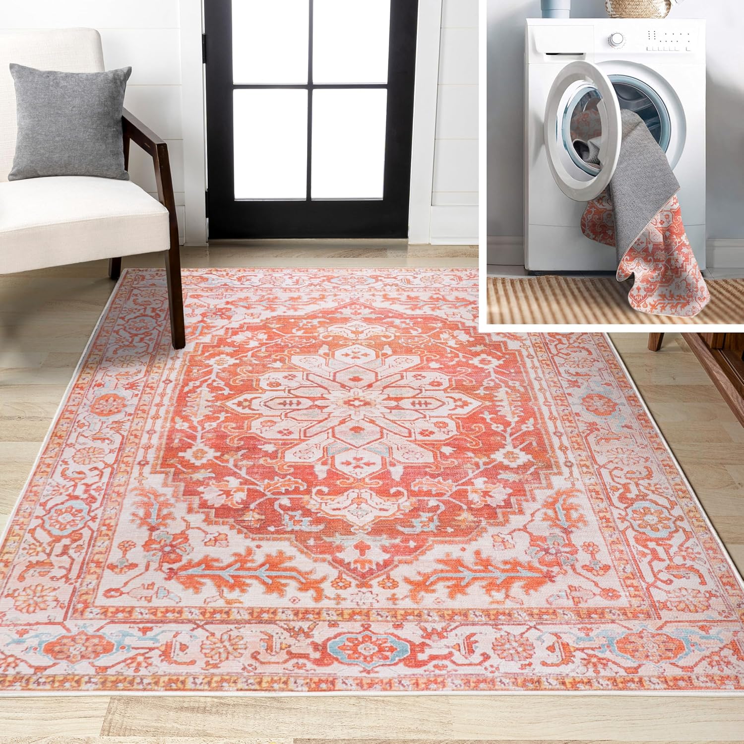 JONATHAN Y Machine Washable Orange/Cream Indoor Area Rug 3X5 ft, ASA Ornate Medallion for Living Room, Bedroom, Kitchen, Office, Easy-Cleaning, High Traffic, Pet-Friendly, Non-Shedding (WSH108A-3)
