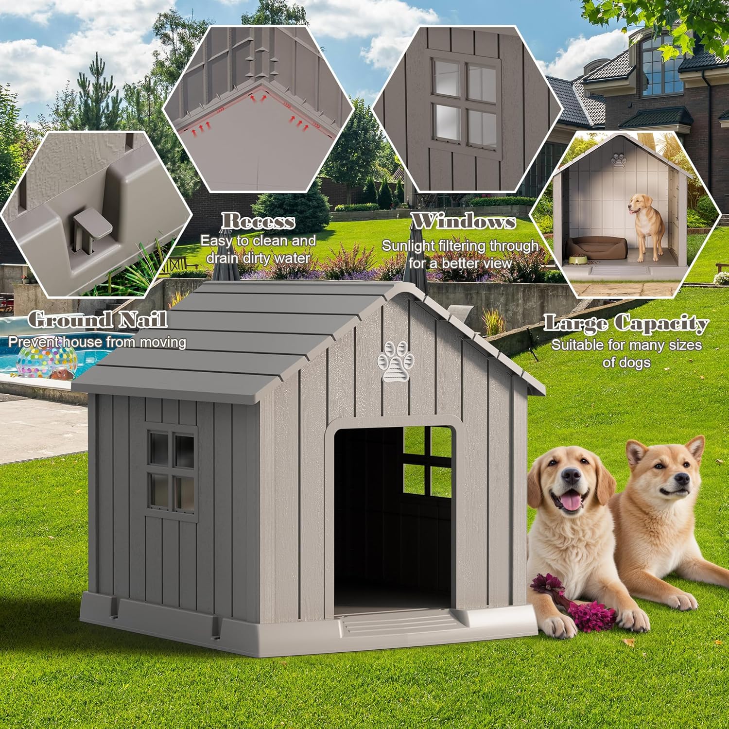 Fancyango Dog House Outdoor Indoor - Waterproof, Ventilated, Easy to Clean, Elevated Floor for Small-Large Dogs, Easy to Assemble (Grey, 37.2" L x 40" W x 40" H)