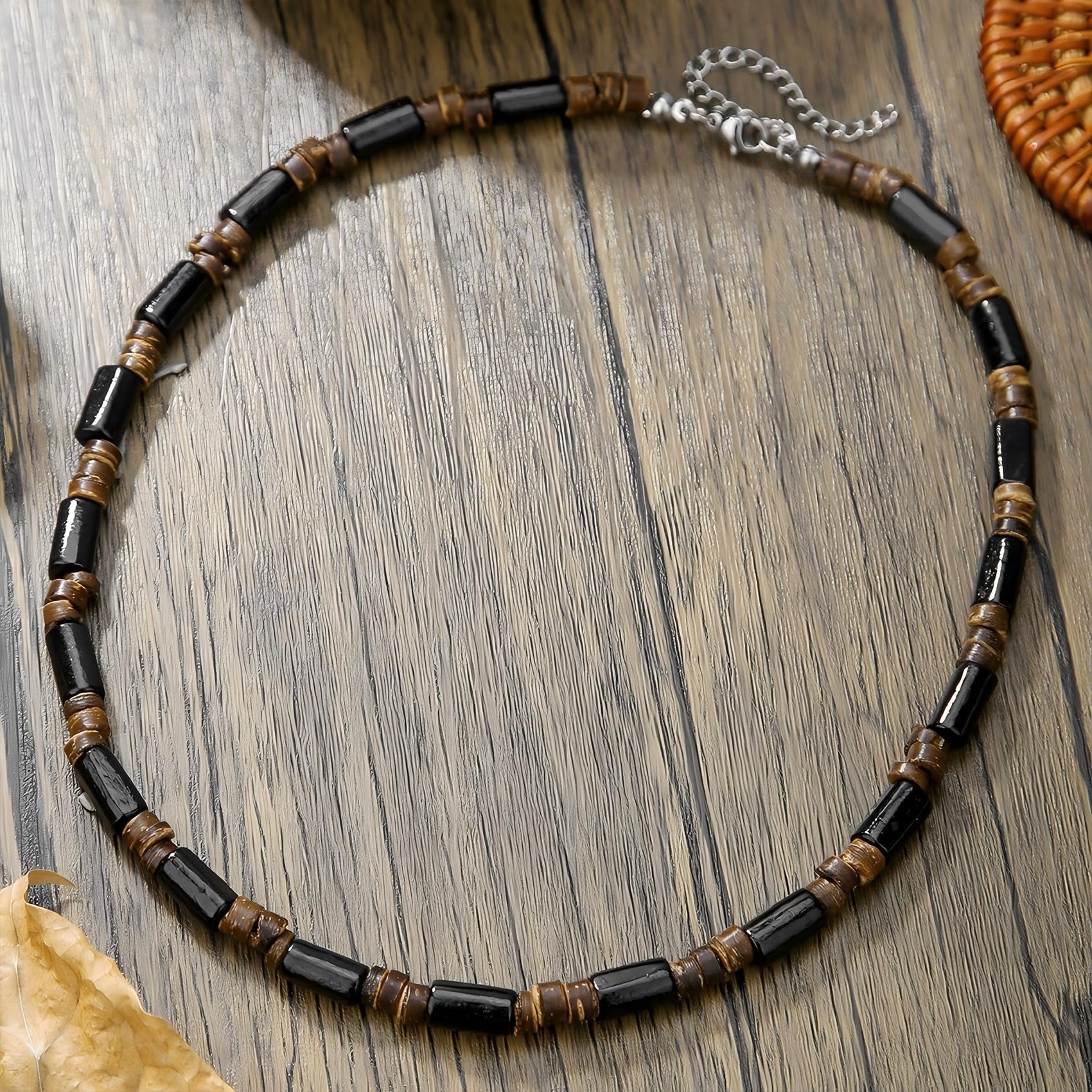 MIFYNN Surfer Necklace for Men Beaded Choker Necklace Puka Shell Necklaces Brown Coconut Wood Beads Necklaces Beach Surfer Jewelry Gift