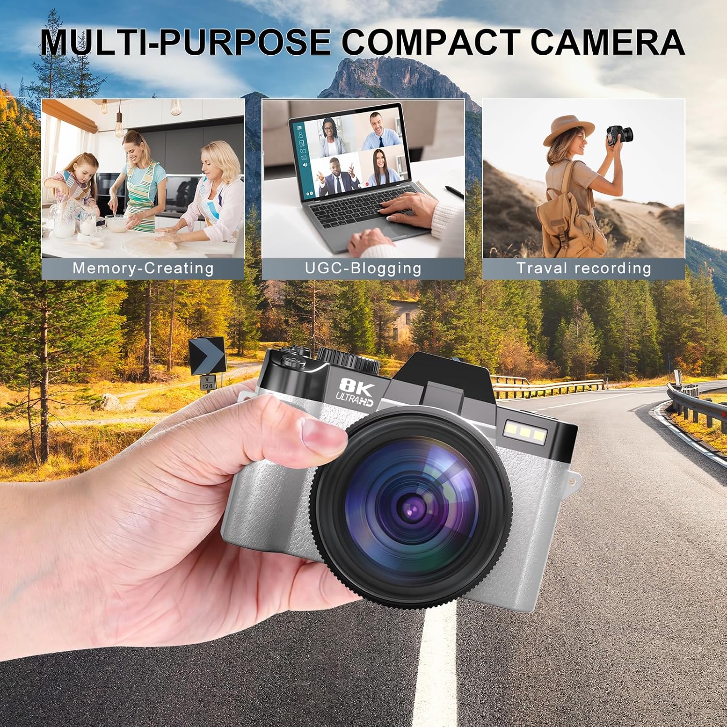 8K Digital Cameras for Photography, 64MP vlogging Camera with 180°Flip Screen，2 Batteries, 64GB TF Card，16X Zoom, WiFi,Microphone, Wide & Macro Lens Kit (White)