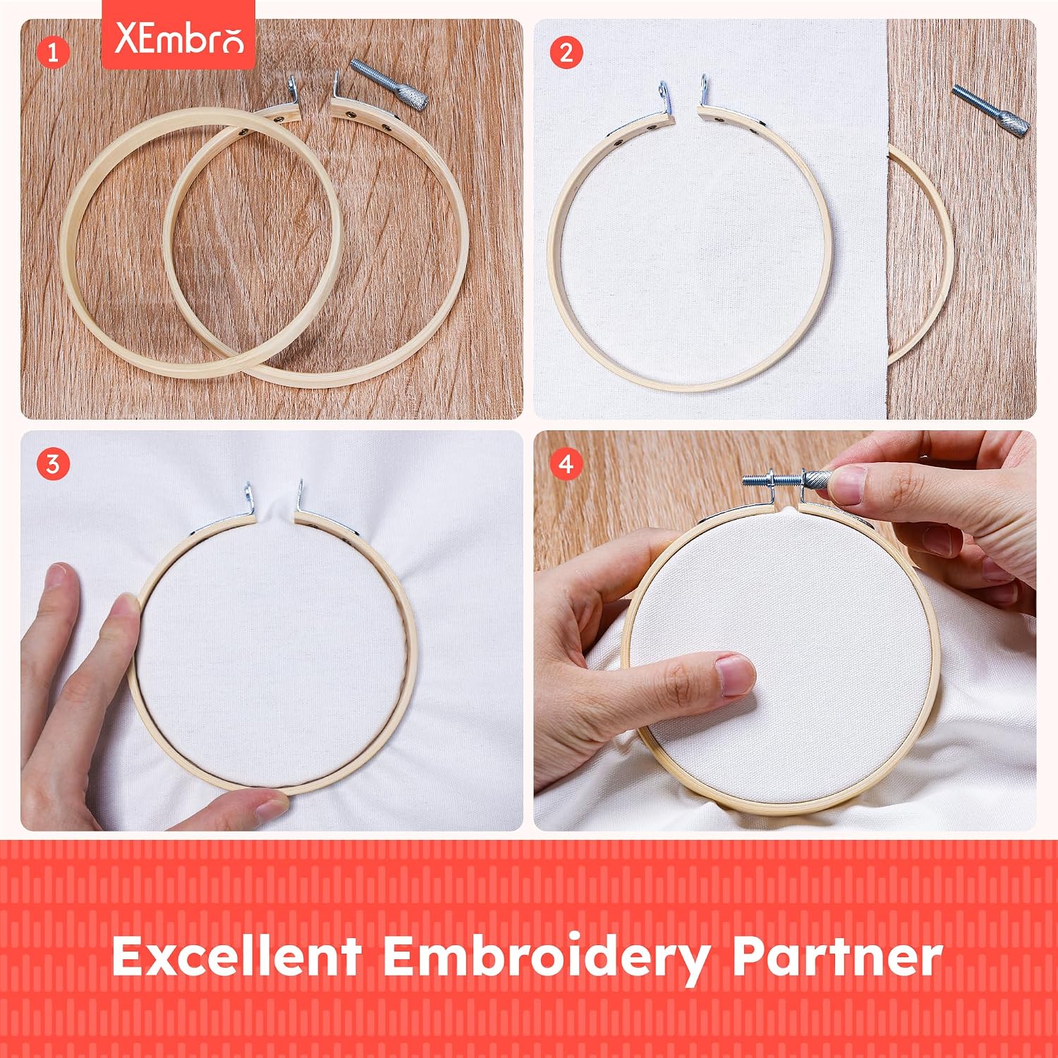 XEmbro Embroidery Hoops, 4 Inch, 9 Pieces | Adjustable, Bamboo Circle, Cross Stitch Hoop Ring, For Cross Stitch & Craft Sewing