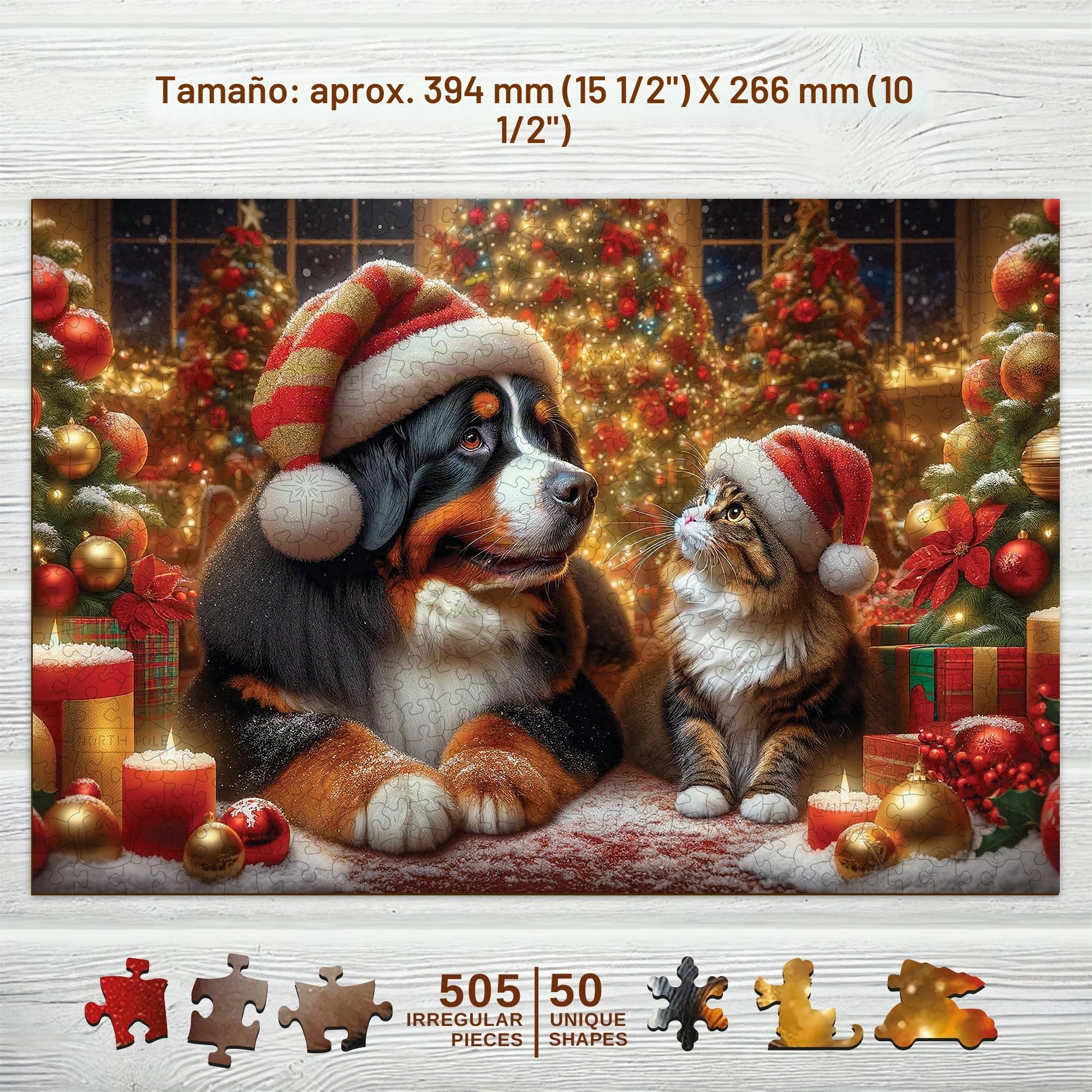 WOODEN.CITY Rompecabezas de Madera de 500 Piezas – Escena Navideña “Perro y Gato Navideños”, 50 Figuras Únicas, Corte Láser de Alta Precisión, Decoración de Temporada