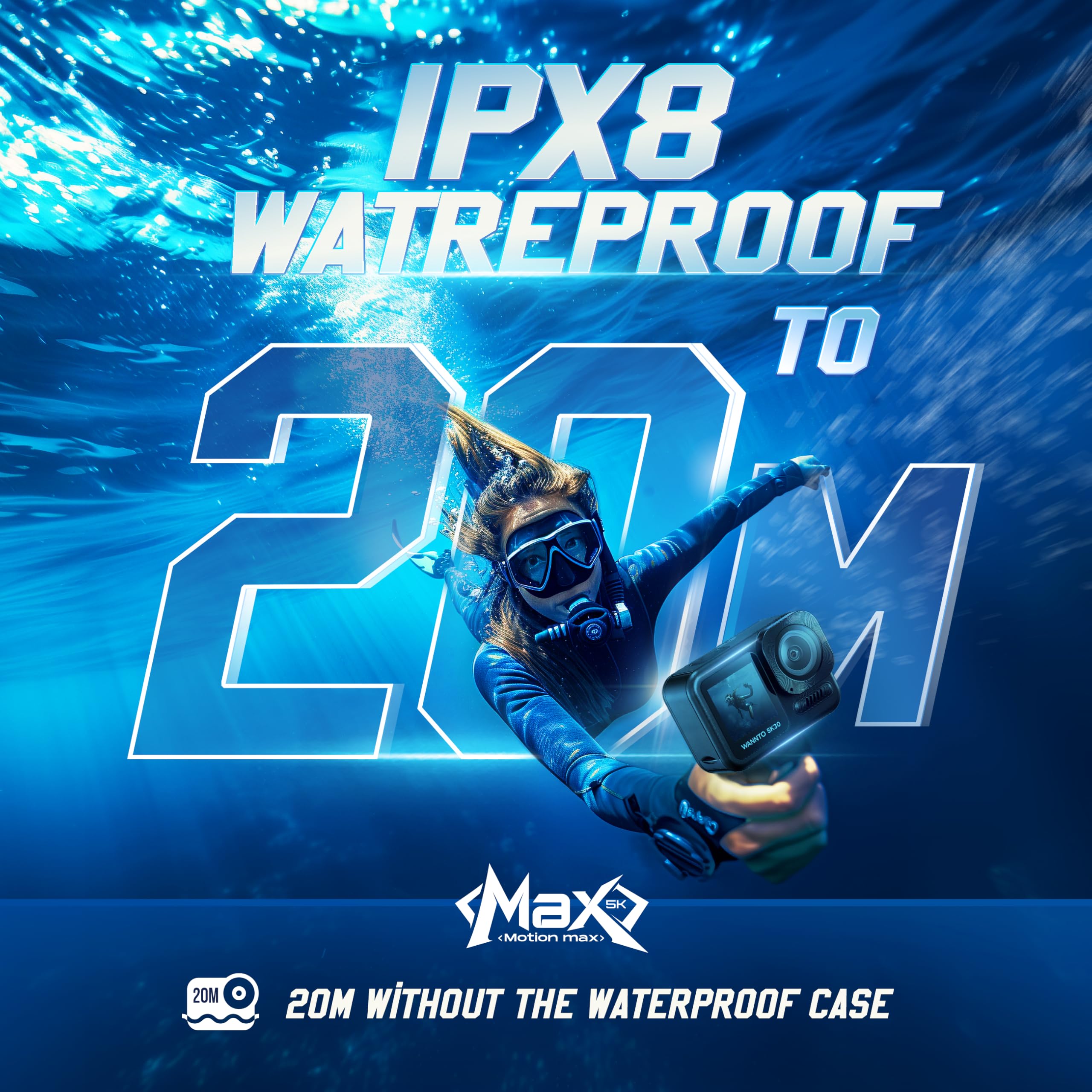 Cámara Deportiva Motion MAX 5K 30MP, IPX8 20M Impermeable, WiFi, EIS, Pantalla Dual, Micrófono Inalámbrico 2en1, Control Remoto, 2 Baterías 1350mAh (Motion MAX)