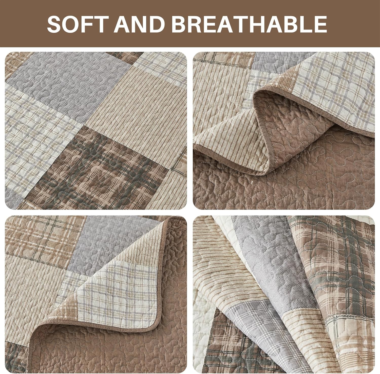 Quilta 100% Cotton Oversized King Bedspread 128"x120", Farmhouse Cabin Plaid Quilt Bedding Set, Soft Lightweight California King Comforter Set 3 Pieces, Rustic Coverlet, Gray/Khaki/Brown/Beige