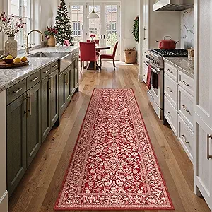 Christmas Runner Rug 2x8 Red Washable Hallway Carpet Retro Floral Holiday Decorative Non Slip Low Pile Soft Throw Long Xmas Rug for Kitchen Bedroom Bathroom