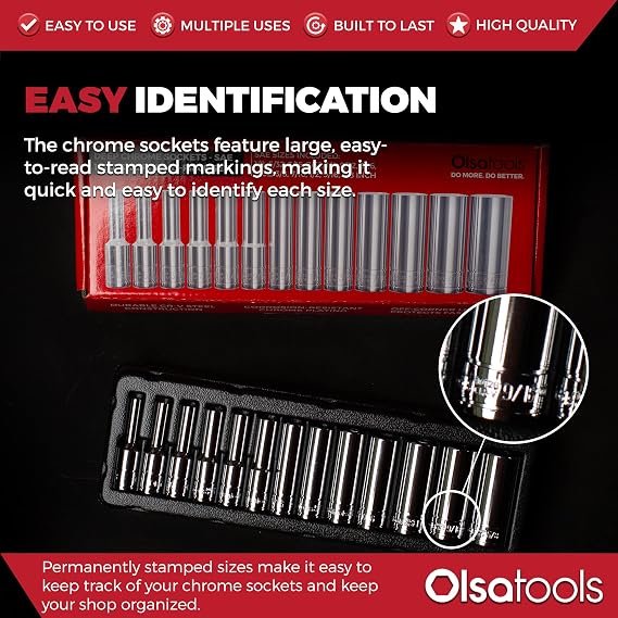 Olsa Tools 1/4-Inch Drive SAE Deep Socket Set - 13pc