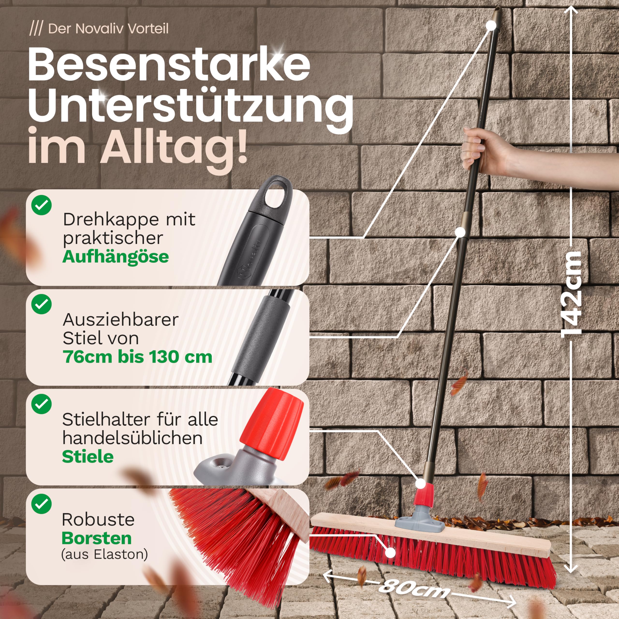 Novaliv 4X Straßenbesen 80 cm I mit Stiel I Elaston rot I Teleskopstiel I Besen für draußen I Industriebesen Gartenbesen Schneebesen Allzweckbesen