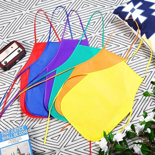 Miniatura 7 de Yahenda Paquete de 60 delantales de pintura para niños, delantales de tela para artistas, pintura artística, desechables, para niños (rojo, naranja,