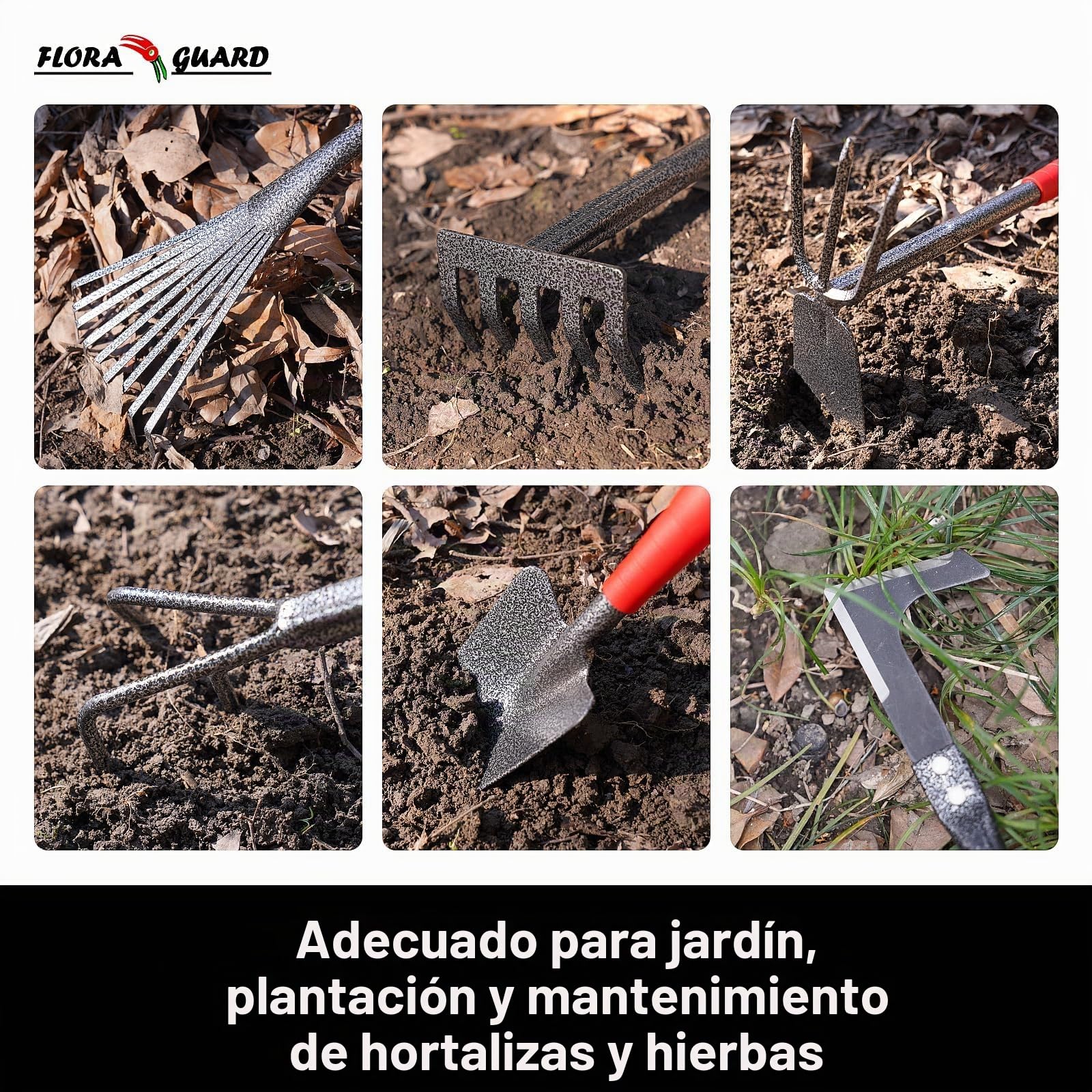 FLORA GUARD Juego de Herramientas de jardín, 6 Piezas, Herramientas manuales de jardín Grandes, Resistentes y duraderas, Herramientas clásicas para Plantar y Mantener su jardín