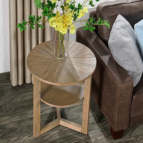 Miniatura 4 de MODERION BZ3338 - Mesa auxiliar redonda, mesa auxiliar de granja con estante de almacenamiento, mesa auxiliar circular clásica de madera maciza,