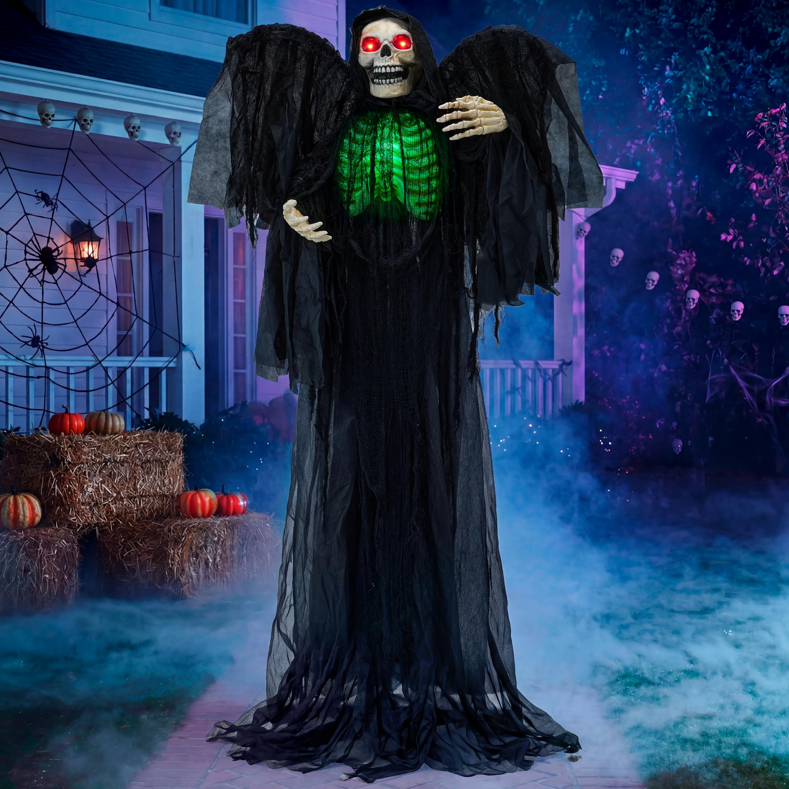 JOYIN 63" Halloween Animatronic Grim Reaper Decoración con alas, Fantasma de pie de tamaño Real con Ojos iluminados, Sonido Espeluznante y Cuerpo móvil
