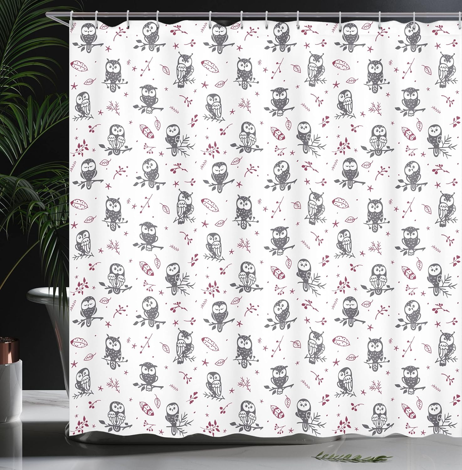 Ambesonne Owl Shower Curtain, Cartoon Style Illustration of Birds on The Branches Mysterious Woods Print, Cloth Fabric Bathroom Decor Set with Hooks, 69" W x 70" L, Maroon Grey