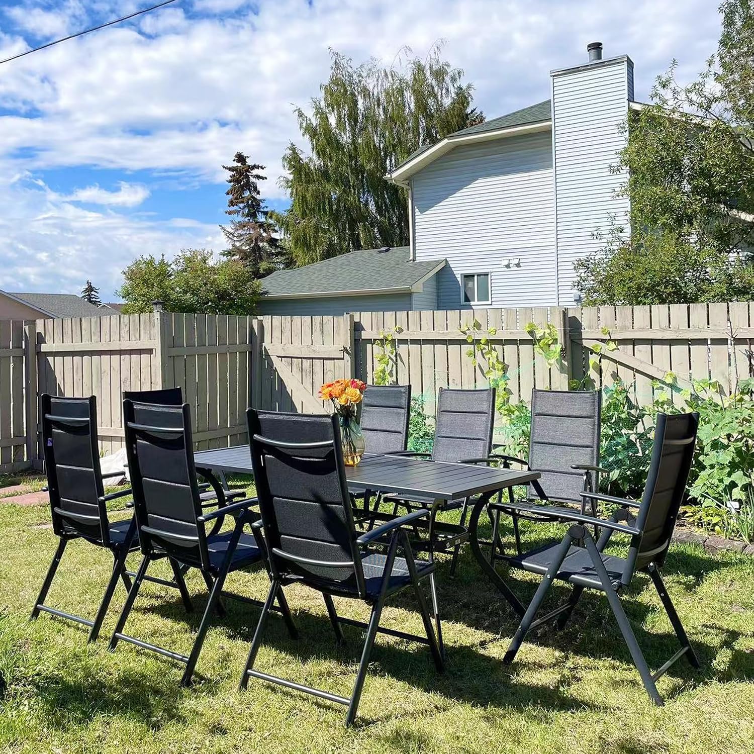 PURPLE LEAF Outdoor Dining Set for 8 Folding Patio Dining Set with Aluminum Rectangular Table and Padded Chairs All Weather Dining Table Sets for Garden Backyard Poolside, Black