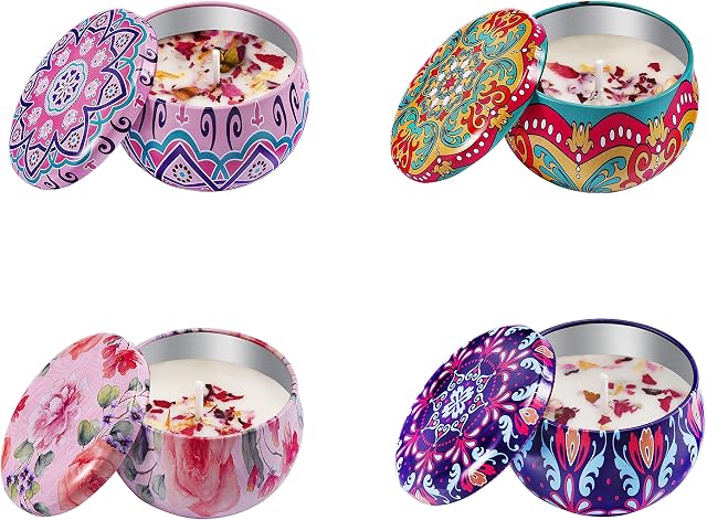 Candles Scented,Soy Wax Scented Candles in Tin with Flower Essential Oils for Home Fragrance Aromatherapy ,Candle Jars,Candles Holders ,Jasmin Candle,Aromatherapy Candle 4 Fragrance (A Set, 4*2.2Oz)