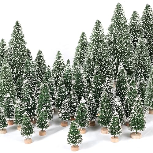 30Pcs Mini Christmas Trees Artificial Christmas Tree Bottle Brush Trees with Wooden Base for Christmas Decor Christmas Party Home Table Craft Decorations(Green-A)