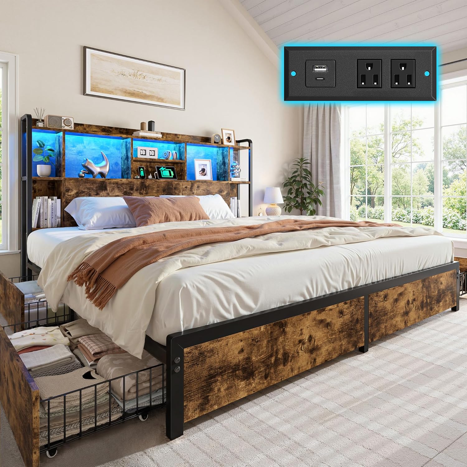Homkdom King Size Bed Frame with Storage Headboard & 4 Large Drawers King Bed Frame with 51" Tall Headboard 9 Compartments Led Lights & Charging Station,No Box Spring Needed, No Noise,Vintage Brown