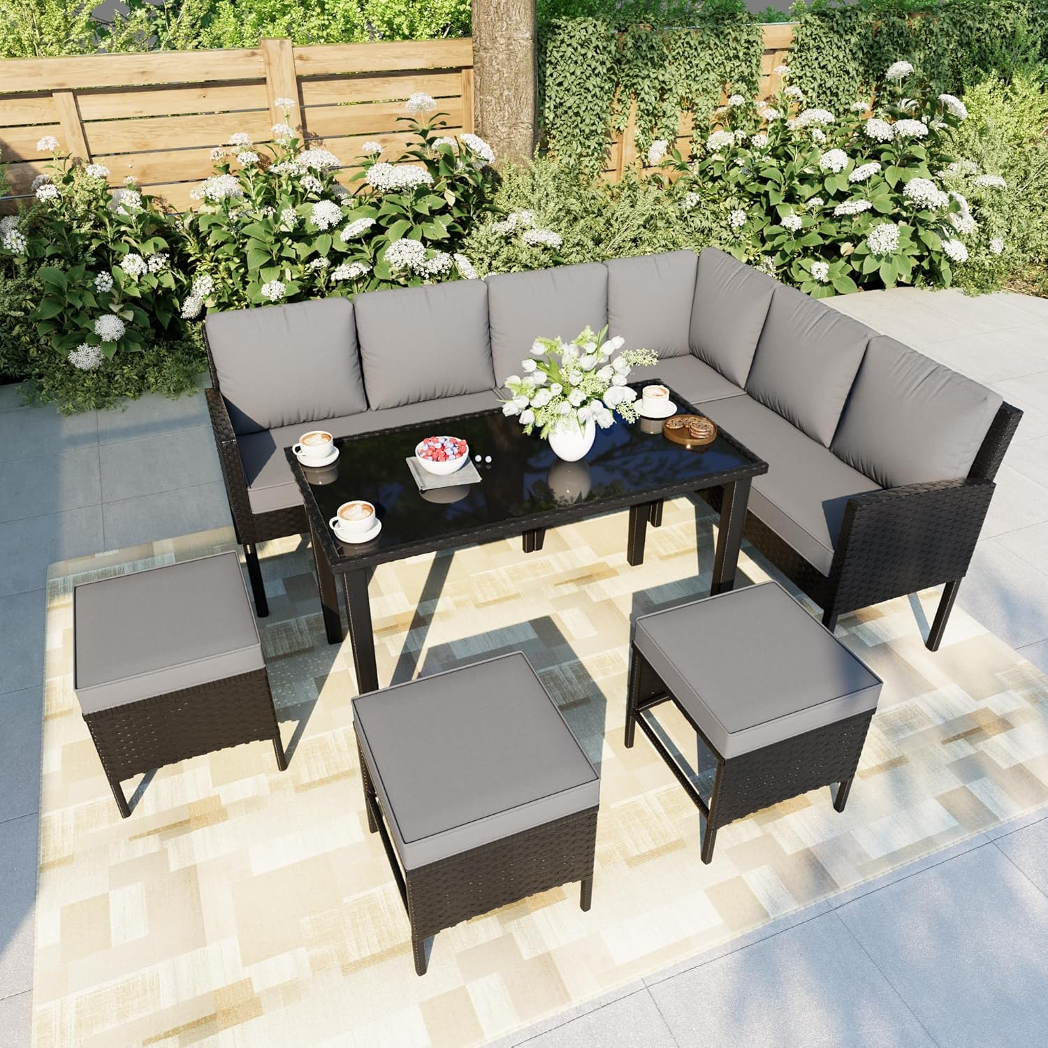 7 Pieces Wicker Conversation Patio Furniture Outdoor Dining Set with Black Glass Table