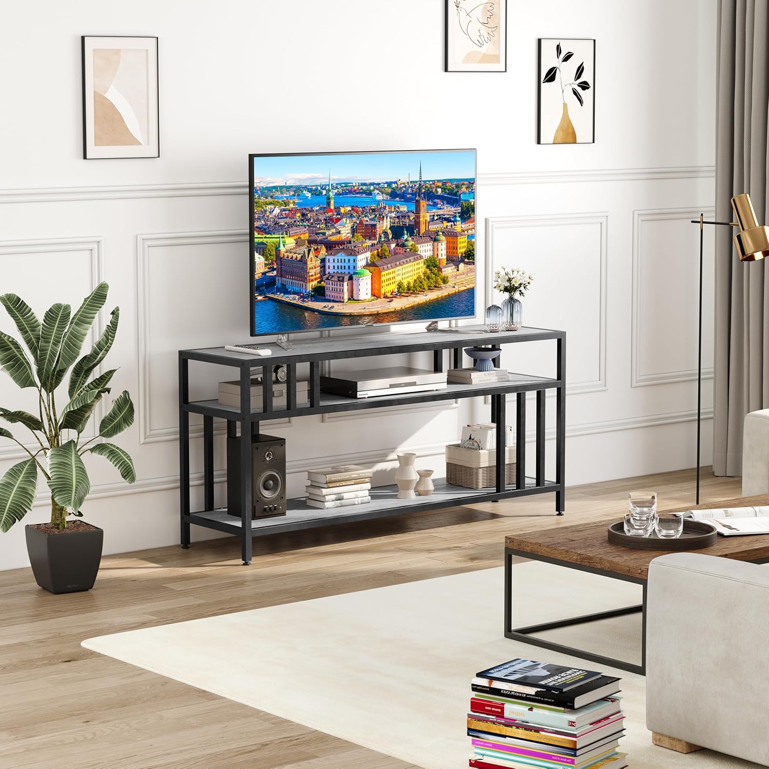 GarveeHome 65 in TV Stand for TV up to 75 in, Entertainment Center with Open Storage Shelves, TV Media Console Table with Quadruple-Tube Support for Living Room, Bedroom - 65 in Grey