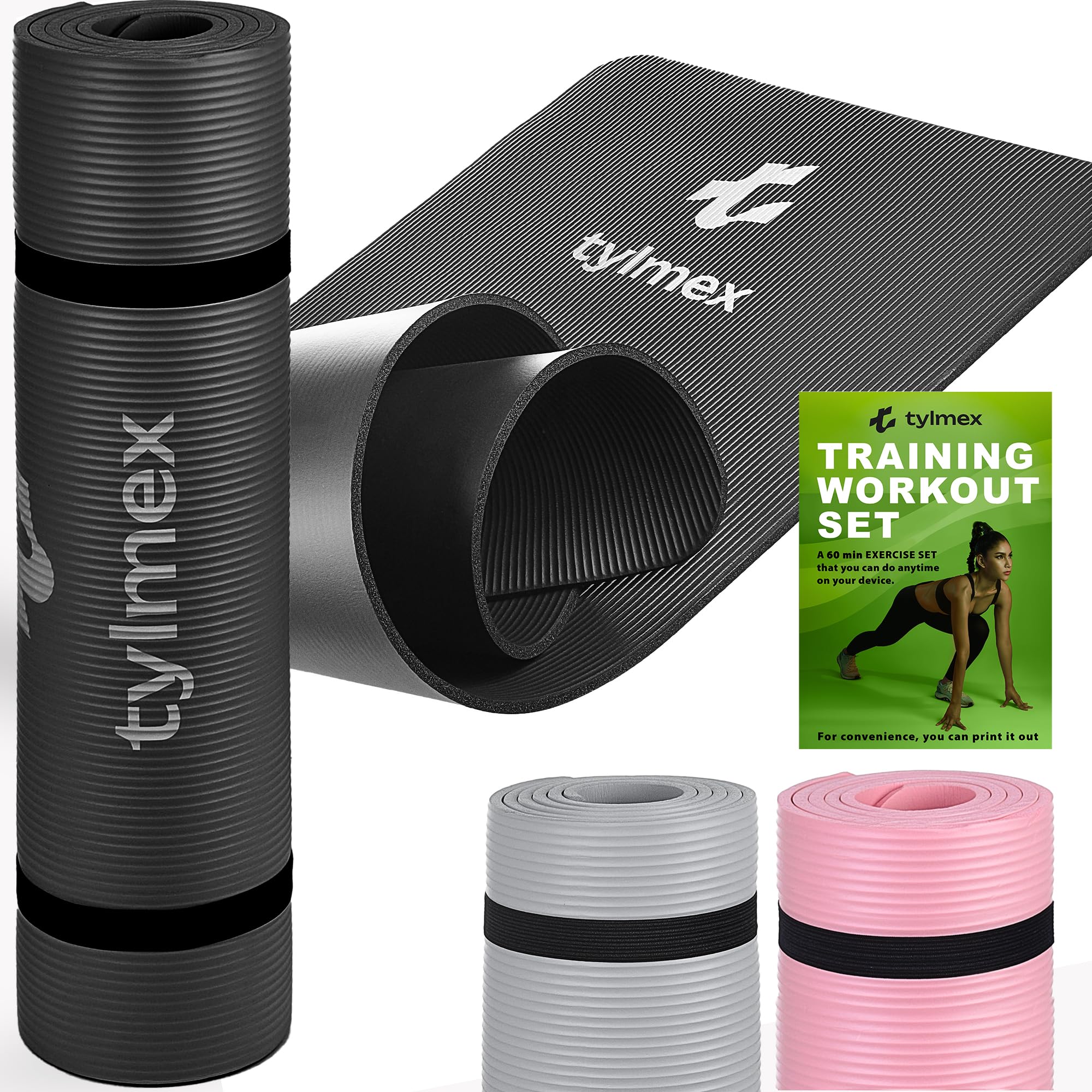 Tylmex Yogamatte rutschfest 8mm dick | Fitnessmatte, Pilates- & Gymnastikmatte für Zuhause & Outdoor | NBR Sportmatte mit Tragegurt & Online-Übungsanleitung - Schwarz