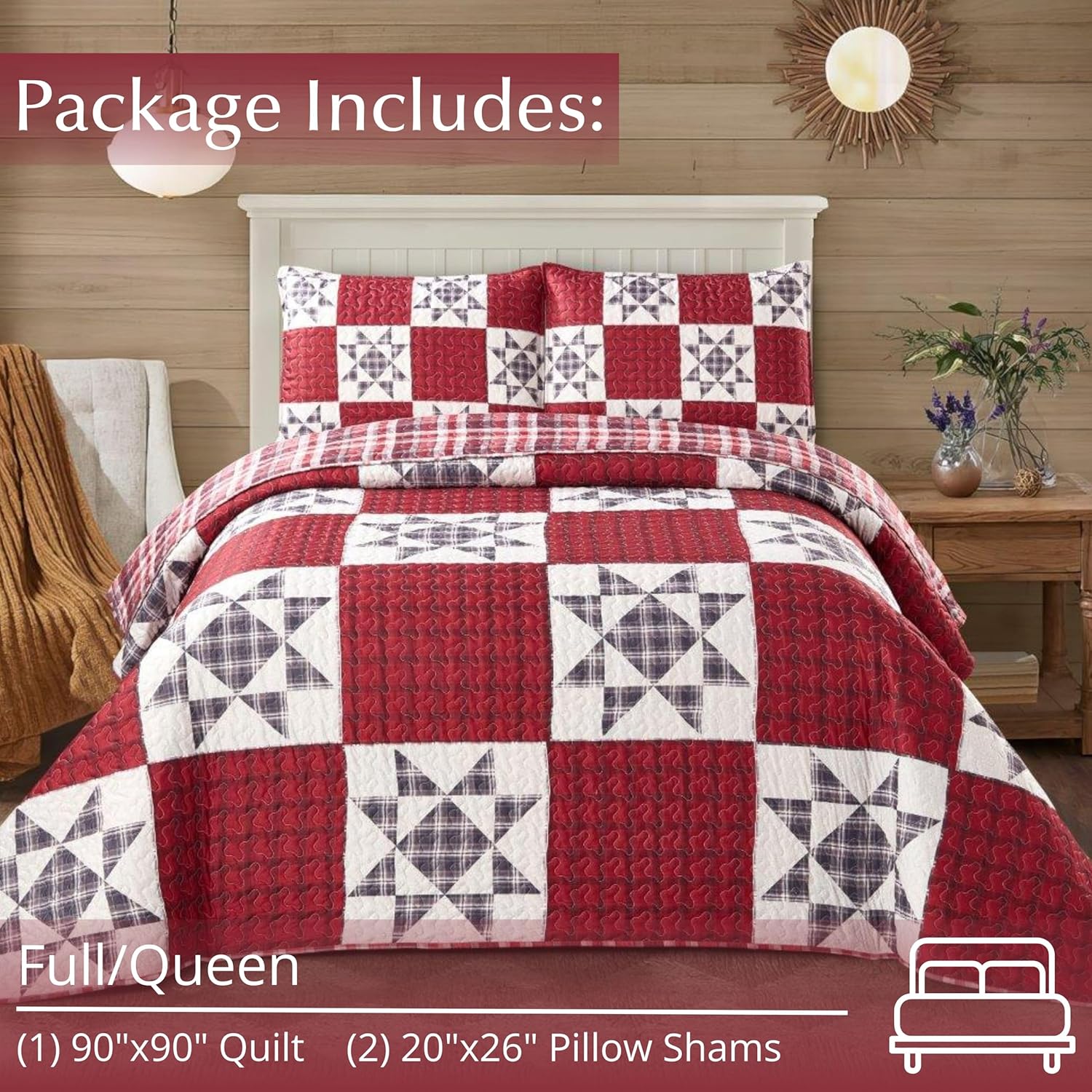 Virah Bella 3 Piece Full/Queen Lodge Quilt Bedding Set - Rustic Country Reversible Comforter Set with Decorative Pillow Shams - Hillcrest