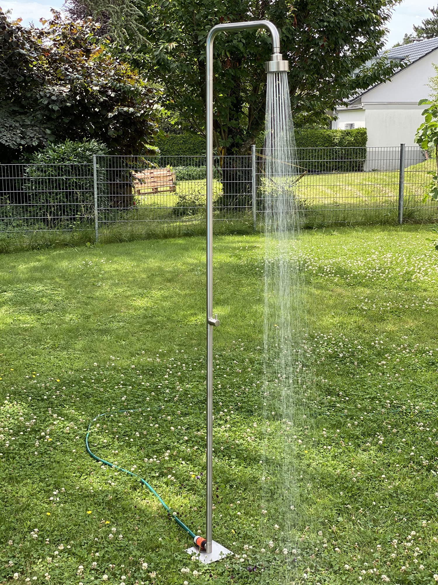 Design Gartendusche Aussendusche Pooldusche Deluxe aus hochwertigem Edelstahl Nickel gebürstet, Kopf schwenkbar