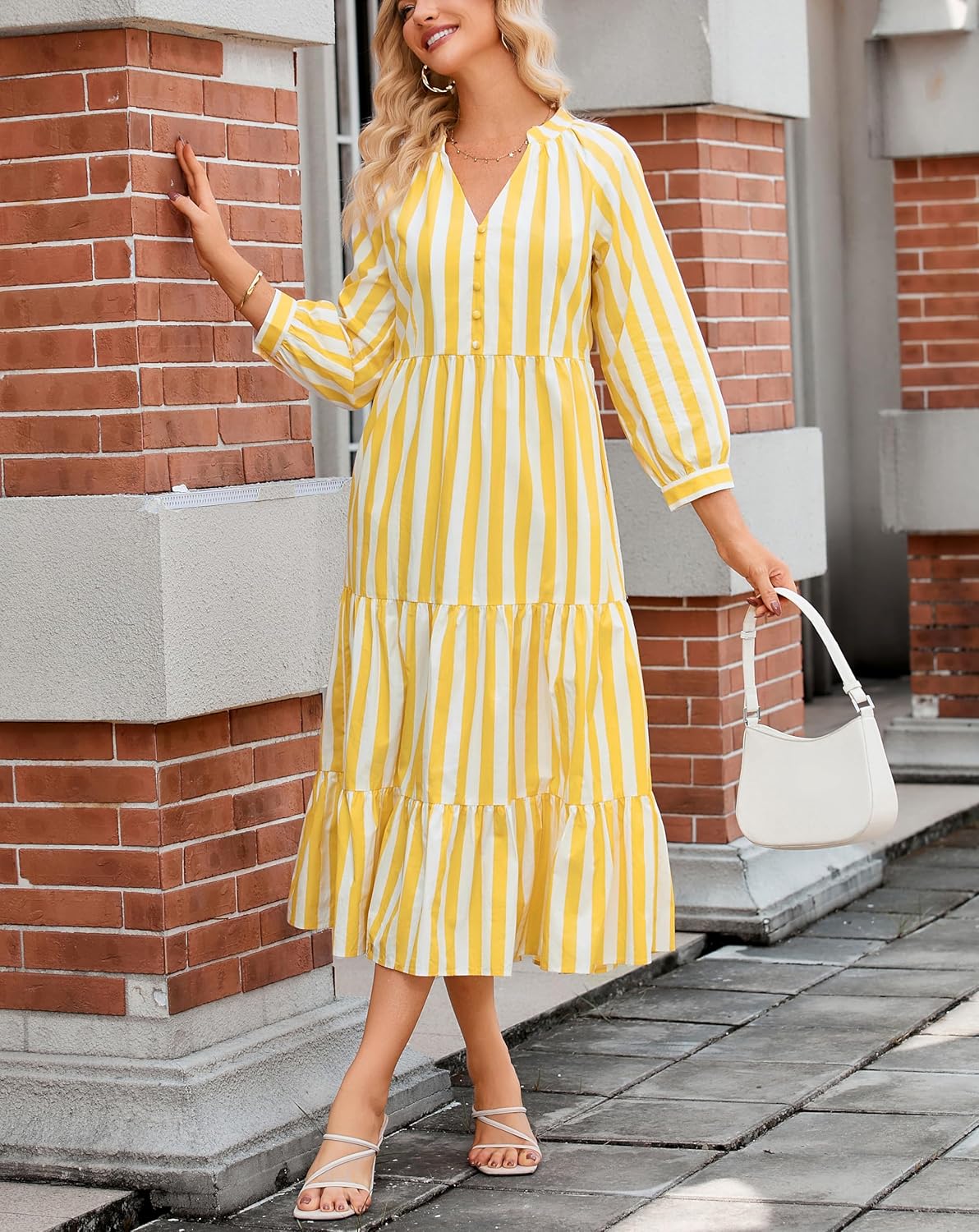 Ladyful Womens Striped Midi Dress 3/4 Sleeve Casual Flowy Tiered Long Dress V Neck Beach Sundress - Image 4