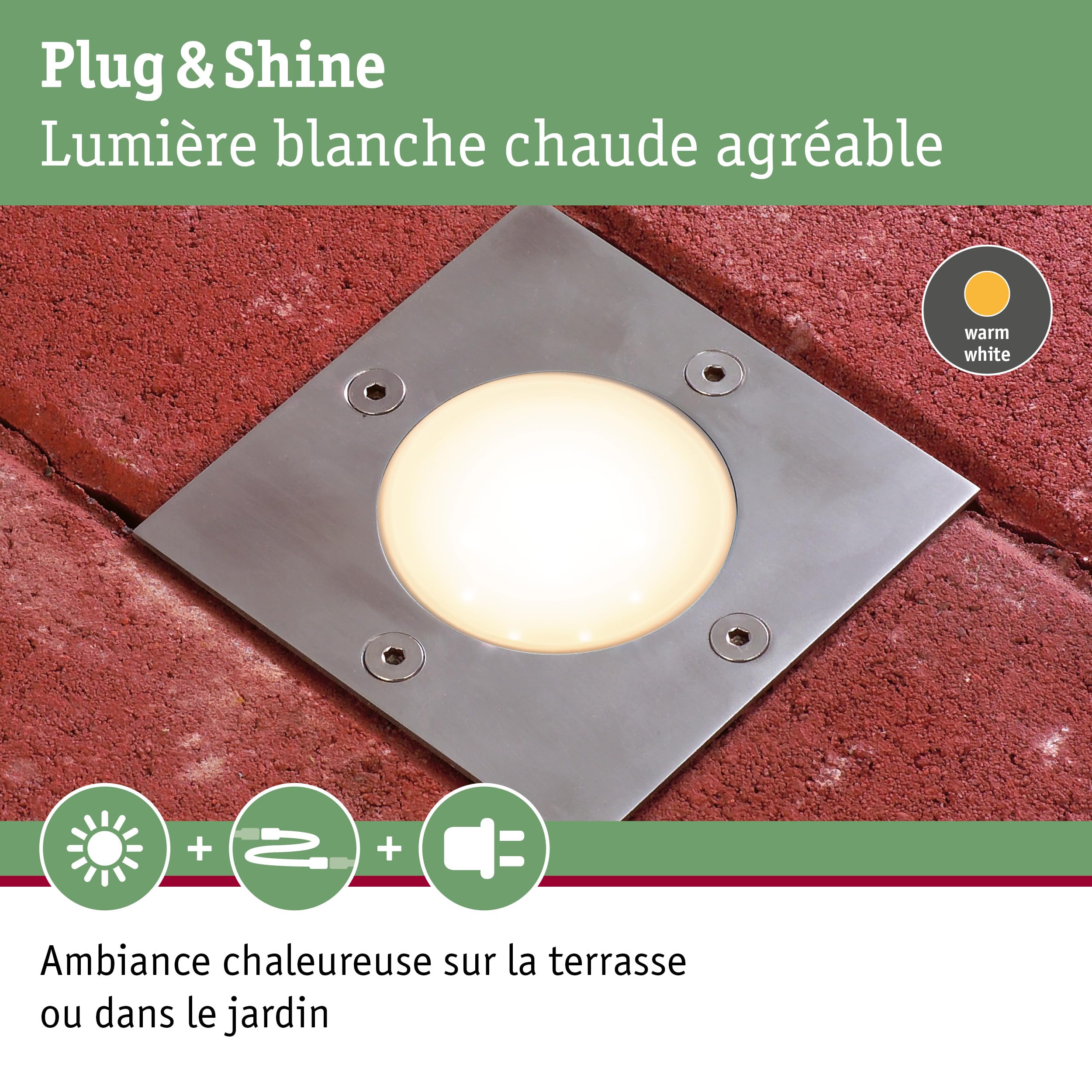 Paulmann 94227 Plug & Shine luminaire d'extérieur LED Encastré sol carré incl. 1x3,6 watts IP65 gradable extérieur Acier inoxydable luminaire de jardin Métal, plastique éclairage de jardin 3000 K