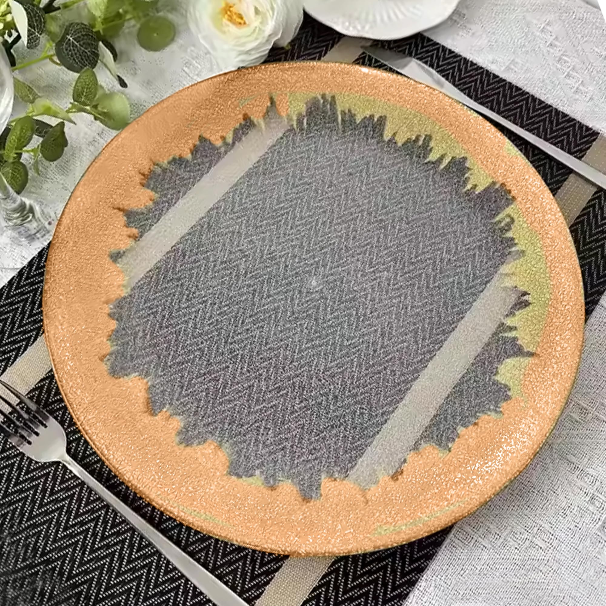 Trimming Shop Dekoracyjne talerze ładujące na imprezy, miedziane szklane talerze do dekoracji stołu obiadowego, wesela, urodziny, imprezy, zastawa stołowa, imprezy gastronomiczne, 33 cm, 12 szt