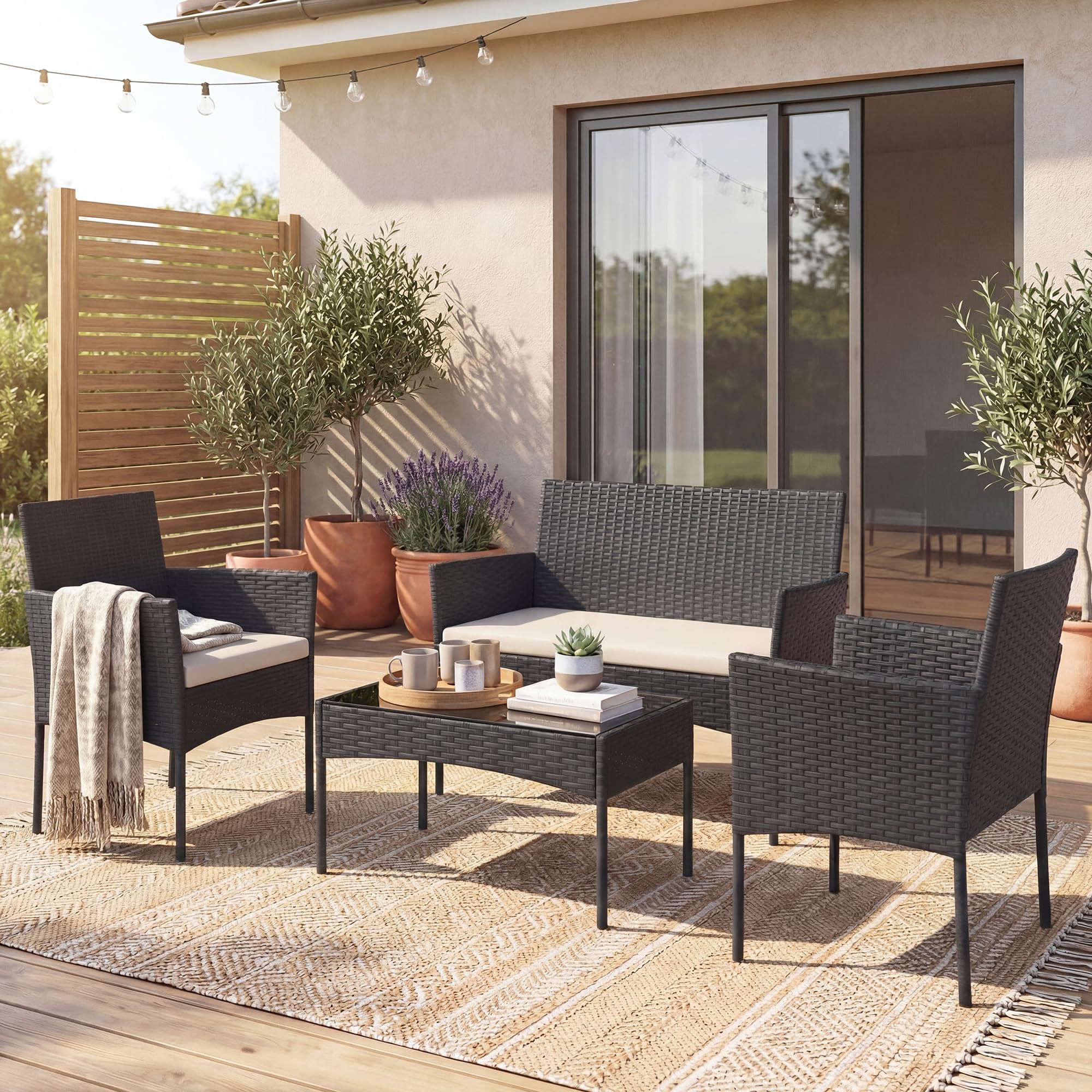 GIANTEX Juego de Muebles de Jardín de 4 Piezas, Conjunto de Conversación de Ratán PE Exterior con 2 Sillones, Sofá de 2 Plazas, Mesa de Vidrio Templado y Cojines, para Terraza Patio Piscina (Beige)