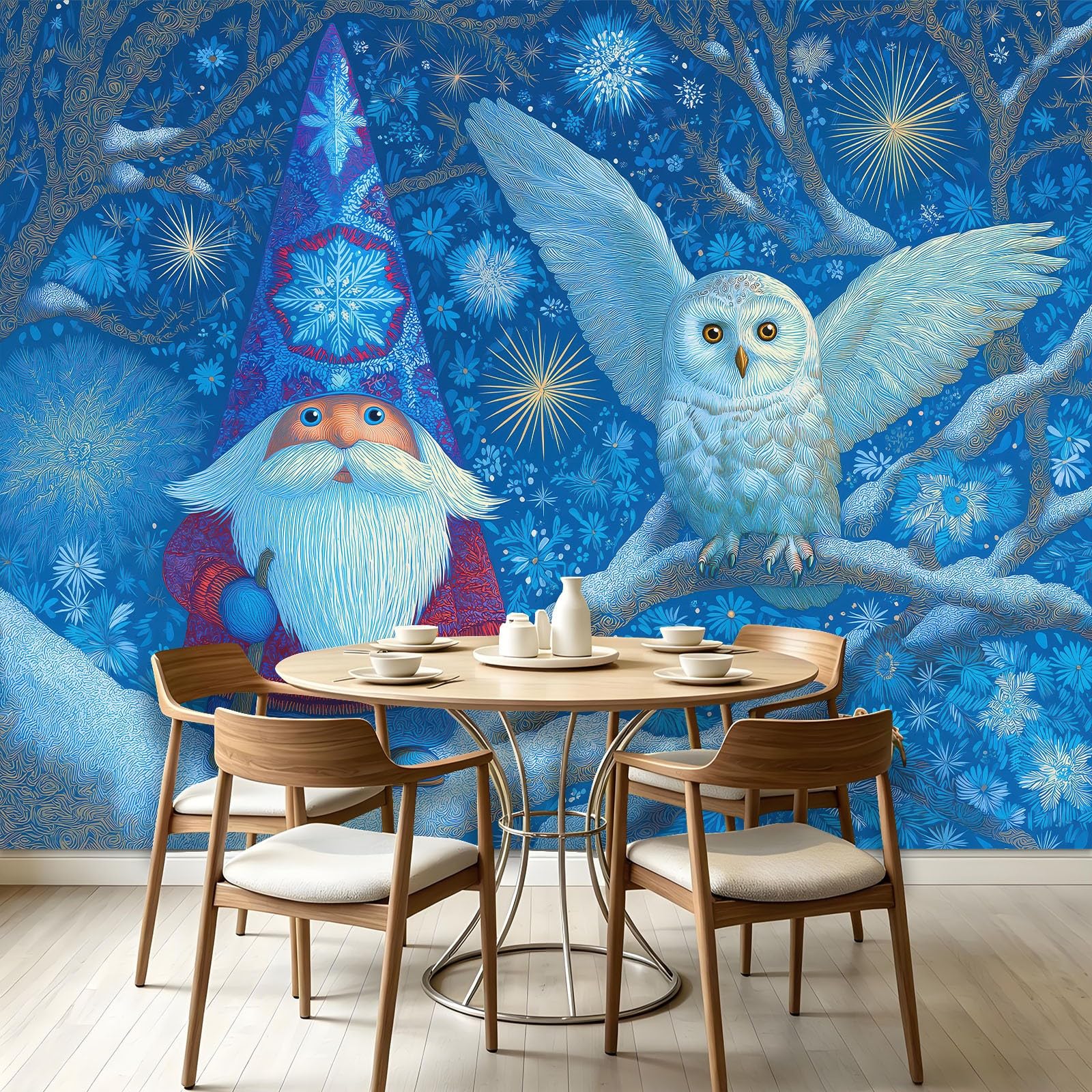 Générique Tapeta z włókniny - Sowa Harfang gnomy płatki 250 x 175 cm Fantazyjne Boże Narodzenie 3D Panoramiczna ściana XXL - Fototapeta - Dekoracja ścienna do salonu, sypialni