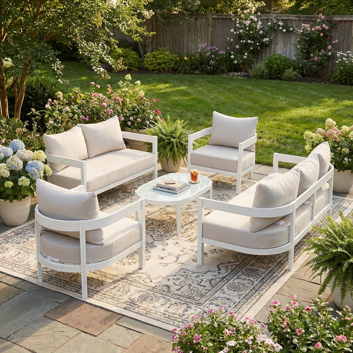 Merax 5 Piece Patio Outdoor Furniture Set, All-Weather Curved Aluminum 3-Seater Sofa Bed, Loveseat Sofa, 2 Armchairs w/Coushions, 1 Oval Coffee Table for Porch, Lawn, Backyard, Balcony, White